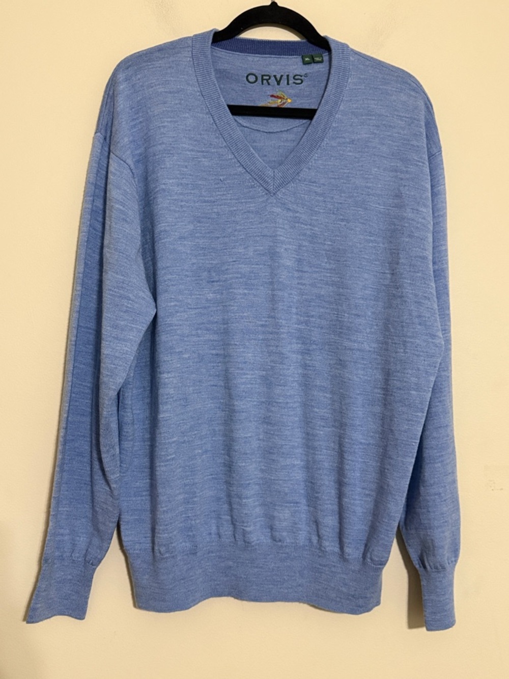 Orvis Men's Heather Sky Blue V-Neck Sweater mens XL wool soft cozy office retro